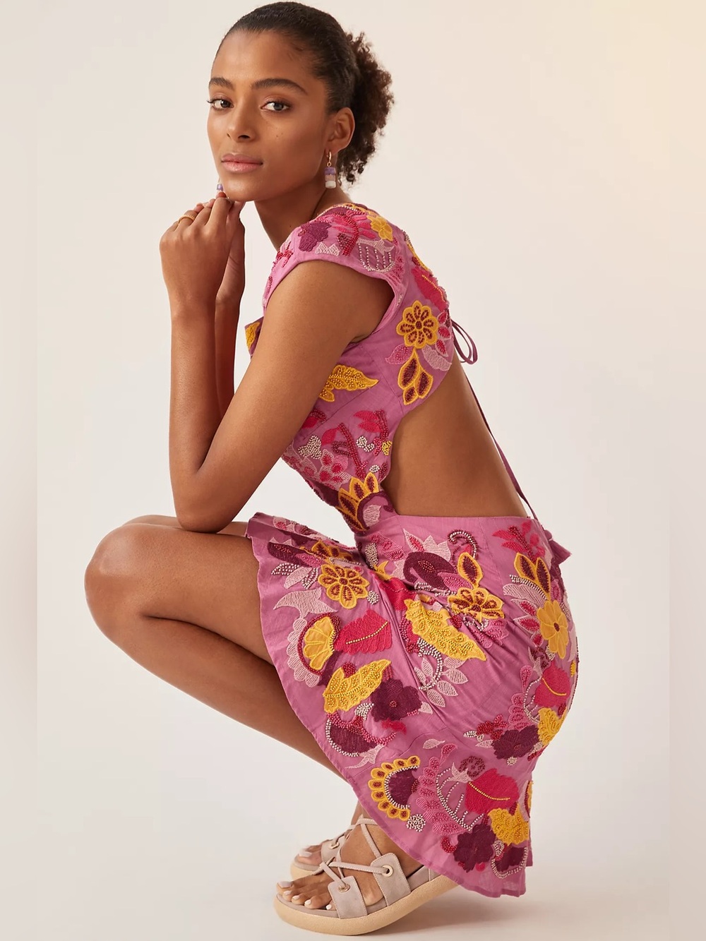 Anthropologie Maeve Pink Floral Embroidered Beaded Cutout Mini Dress Womens 10 - Picture 1 of 16